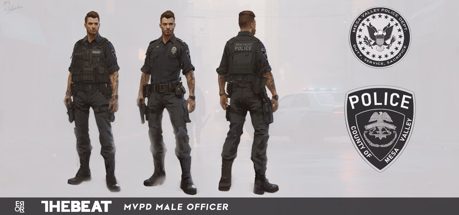 Character turnaround for a Mesa Valley PD patrol officer: front, back and three-quarter views in duty vest and radio harness, with the department seal and shoulder patch set beside him.
