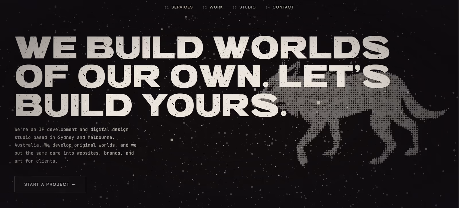 The Black Dingo Studios home page in a browser: a dark studio site with the wordmark set large and the navigation running across the top.