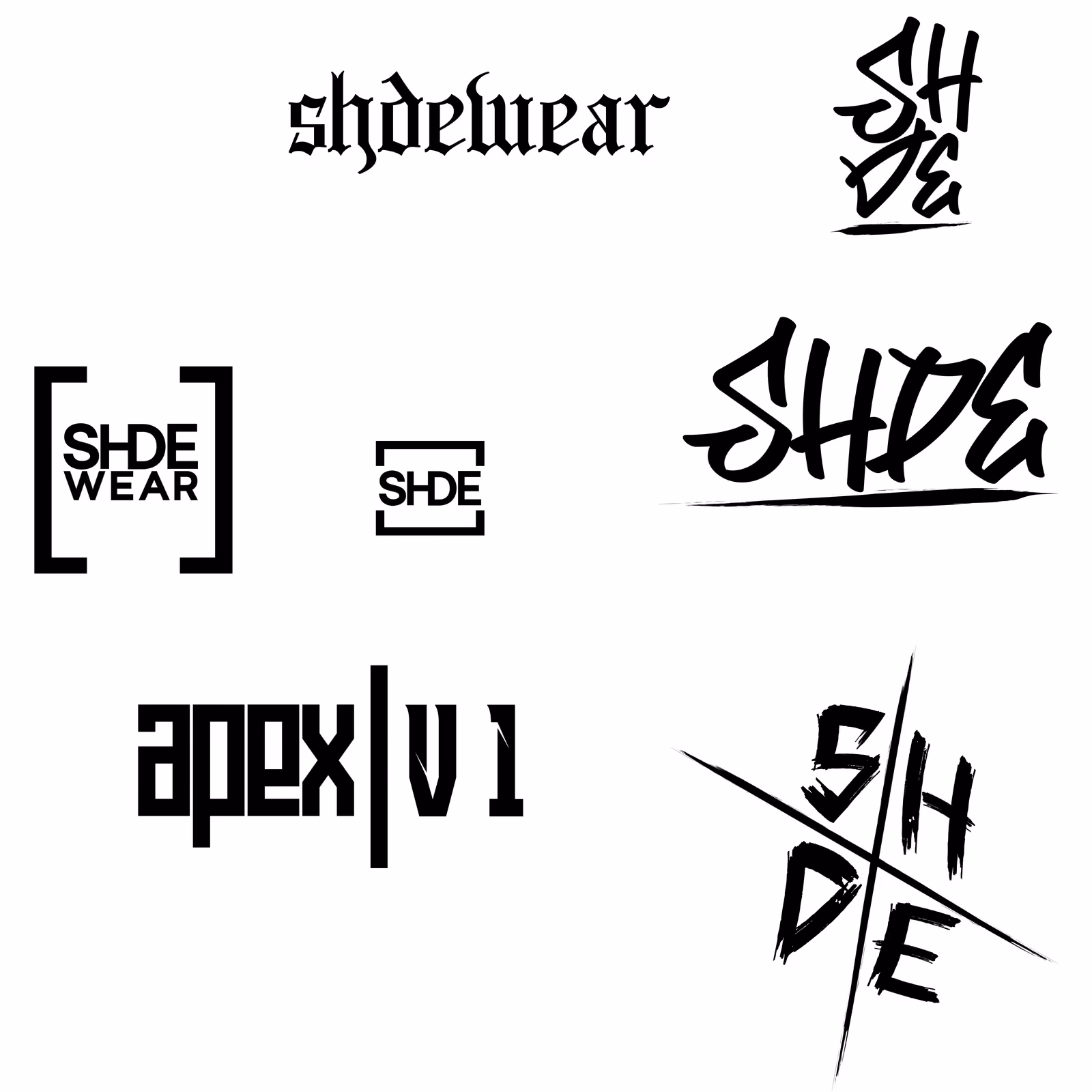 Wordmark exploration sheet for shdewear: eight variants of the name in blackletter, brush script and stencil forms, arranged on white.