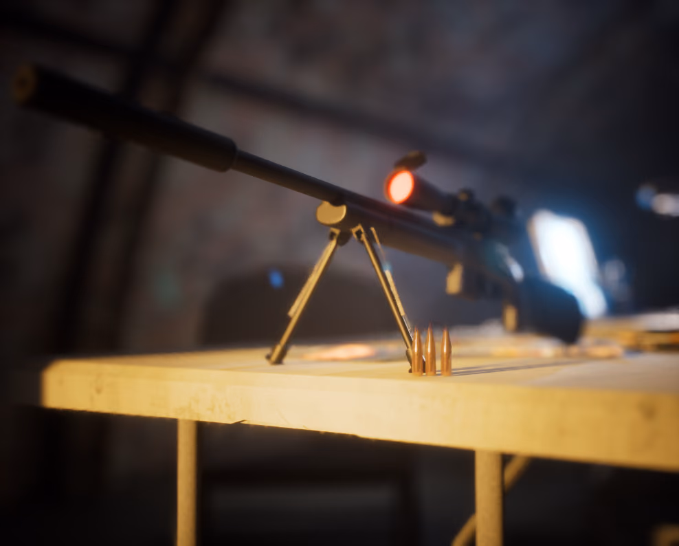 The same rifle and rounds with the table washed gold by a low tungsten practical, the curved tent lining falling away into shadow behind, a laptop screen the only cool light in frame.