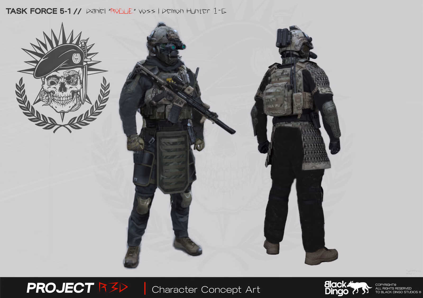 Character concept sheet for Daniel Voss, callsign Rogue: front and back views of an operator in plate carrier, helmet and respirator, with the unit crest and project marks set around him.